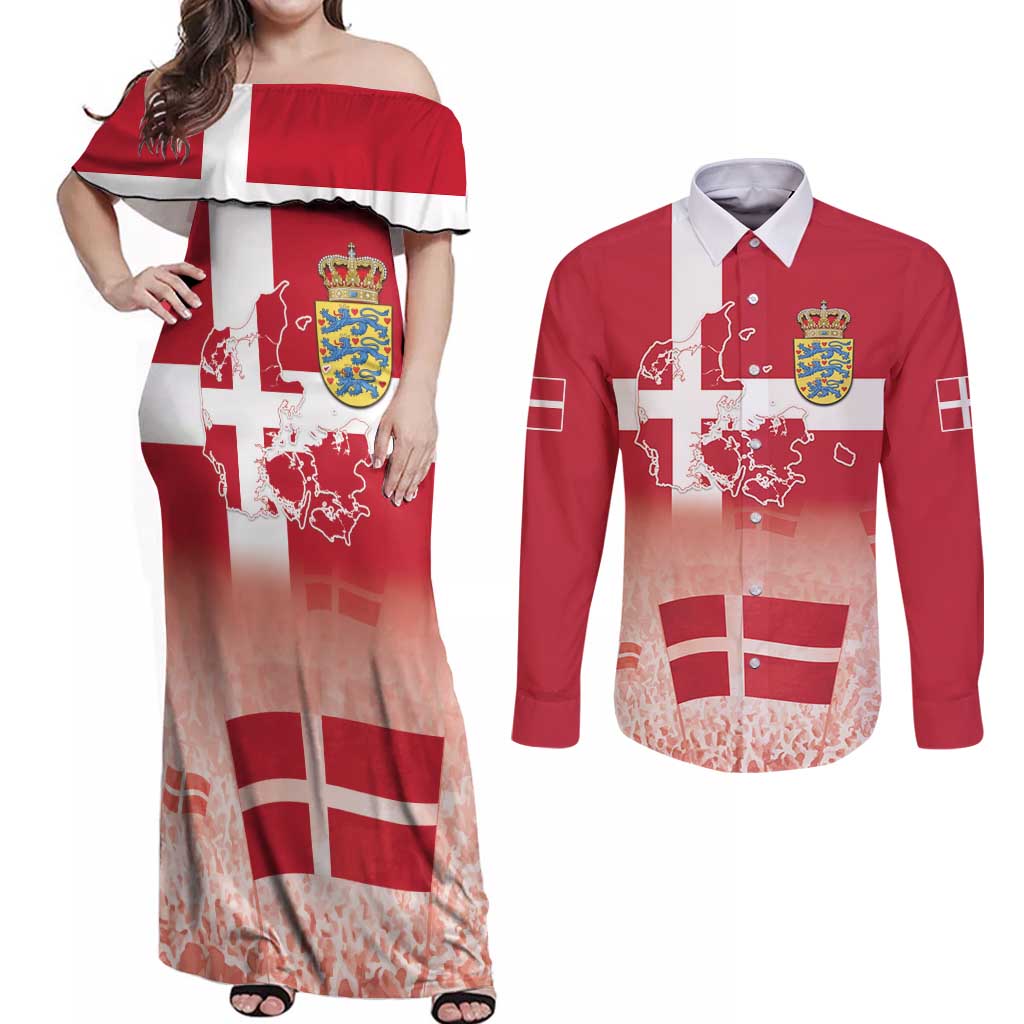 Danish National Flag Day Couples Matching Off Shoulder Maxi Dress and Long Sleeve Button Shirt Coat Of Arms With Map
