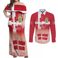 Danish National Flag Day Couples Matching Off Shoulder Maxi Dress and Long Sleeve Button Shirt Coat Of Arms With Map
