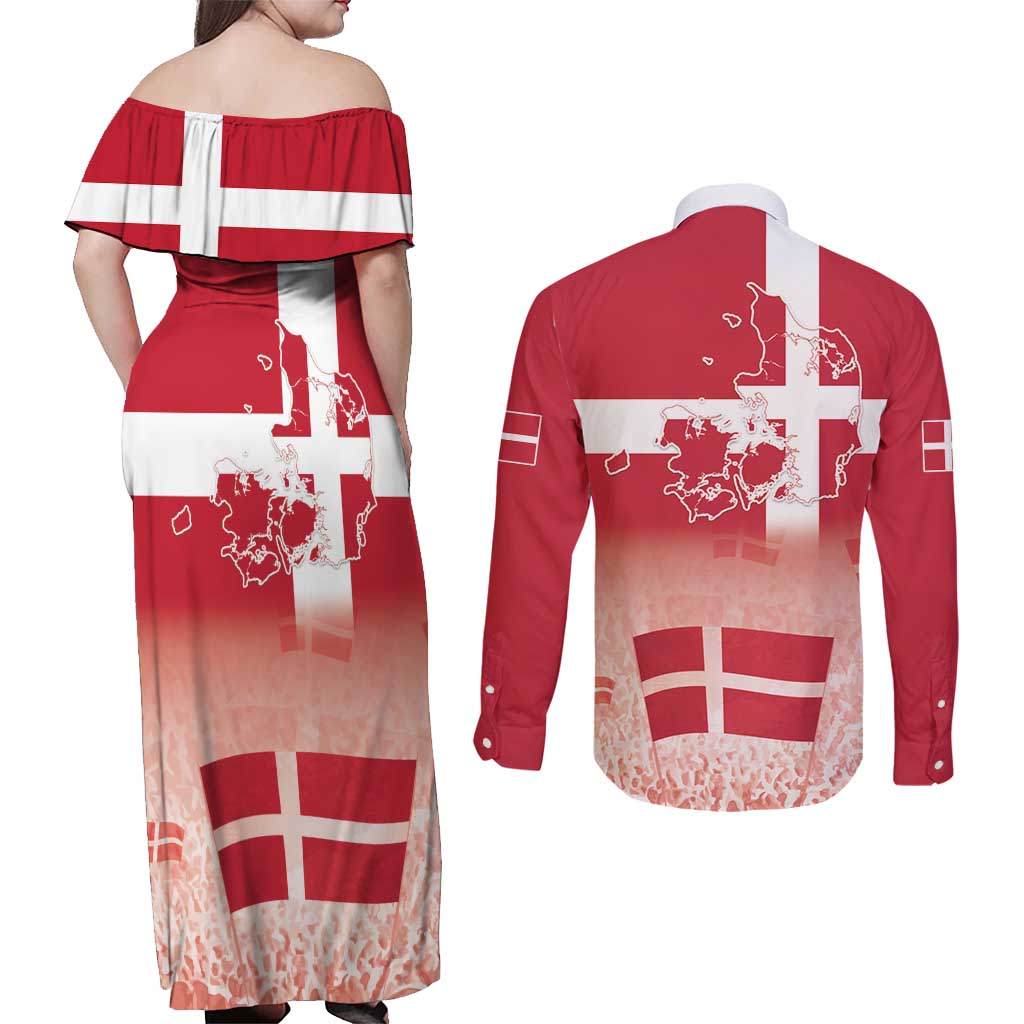 Danish National Flag Day Couples Matching Off Shoulder Maxi Dress and Long Sleeve Button Shirt Coat Of Arms With Map