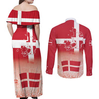 Danish National Flag Day Couples Matching Off Shoulder Maxi Dress and Long Sleeve Button Shirt Coat Of Arms With Map