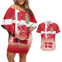 Danish National Flag Day Couples Matching Off Shoulder Short Dress and Hawaiian Shirt Coat Of Arms With Map