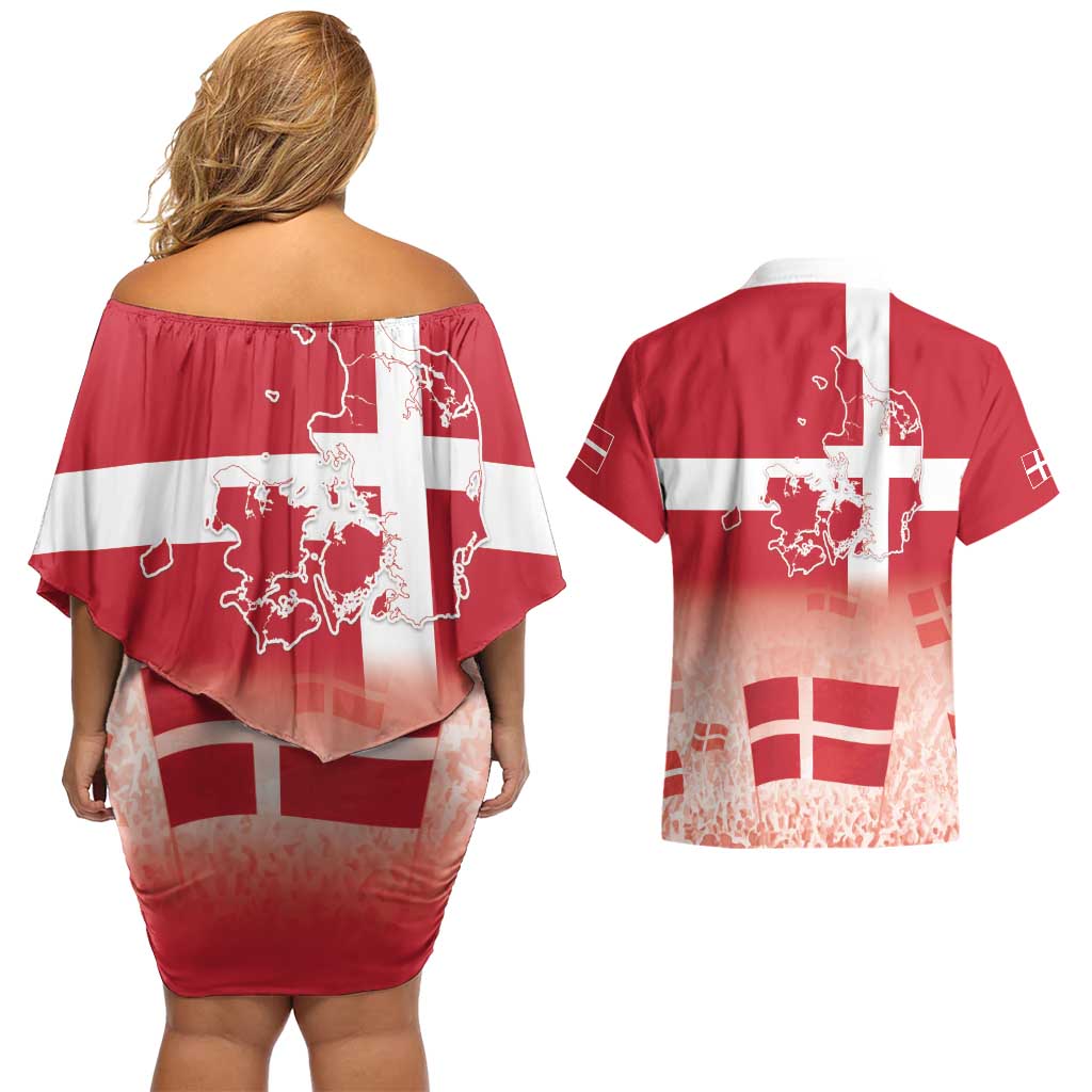 Danish National Flag Day Couples Matching Off Shoulder Short Dress and Hawaiian Shirt Coat Of Arms With Map