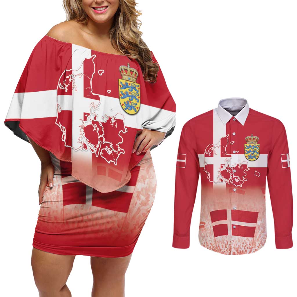 Danish National Flag Day Couples Matching Off Shoulder Short Dress and Long Sleeve Button Shirt Coat Of Arms With Map