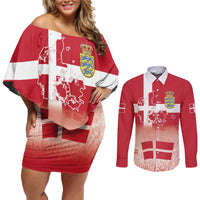 Danish National Flag Day Couples Matching Off Shoulder Short Dress and Long Sleeve Button Shirt Coat Of Arms With Map