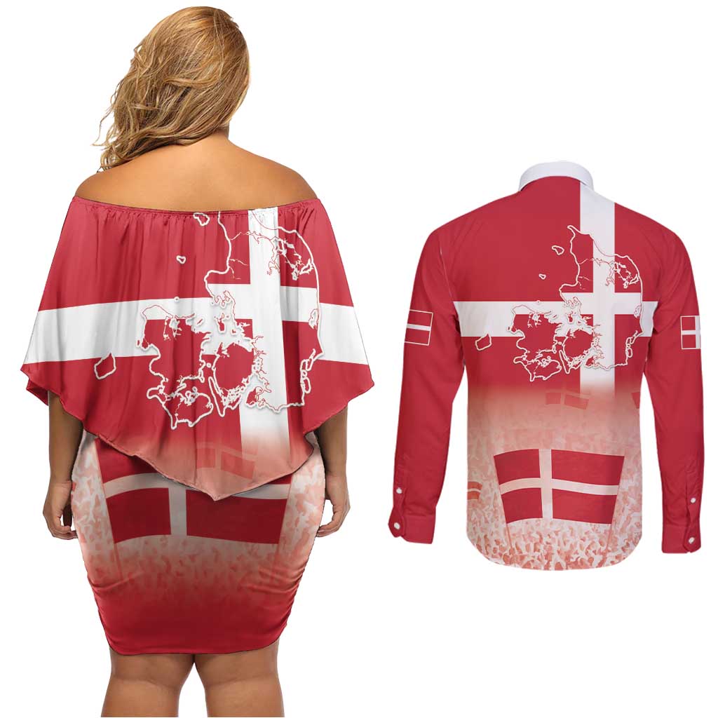Danish National Flag Day Couples Matching Off Shoulder Short Dress and Long Sleeve Button Shirt Coat Of Arms With Map