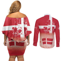 Danish National Flag Day Couples Matching Off Shoulder Short Dress and Long Sleeve Button Shirt Coat Of Arms With Map