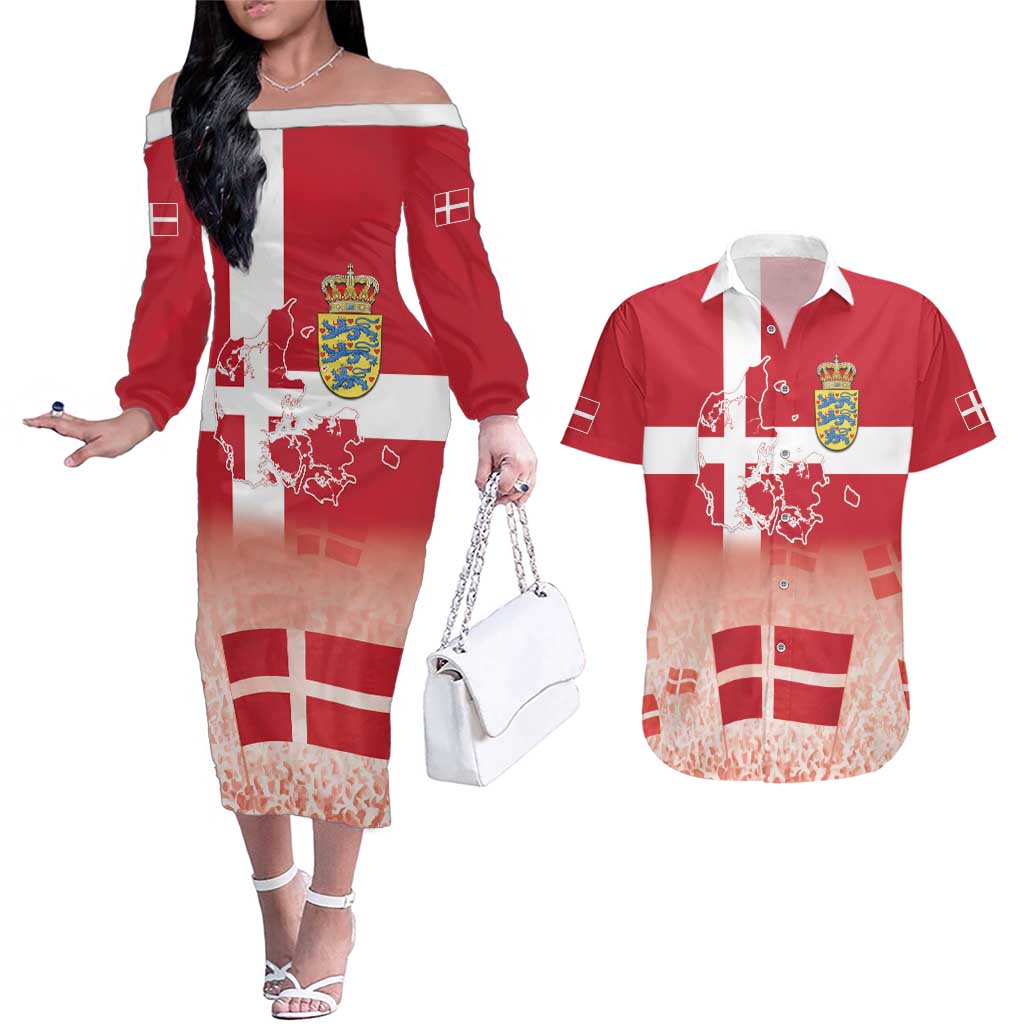 Danish National Flag Day Couples Matching Off The Shoulder Long Sleeve Dress and Hawaiian Shirt Coat Of Arms With Map