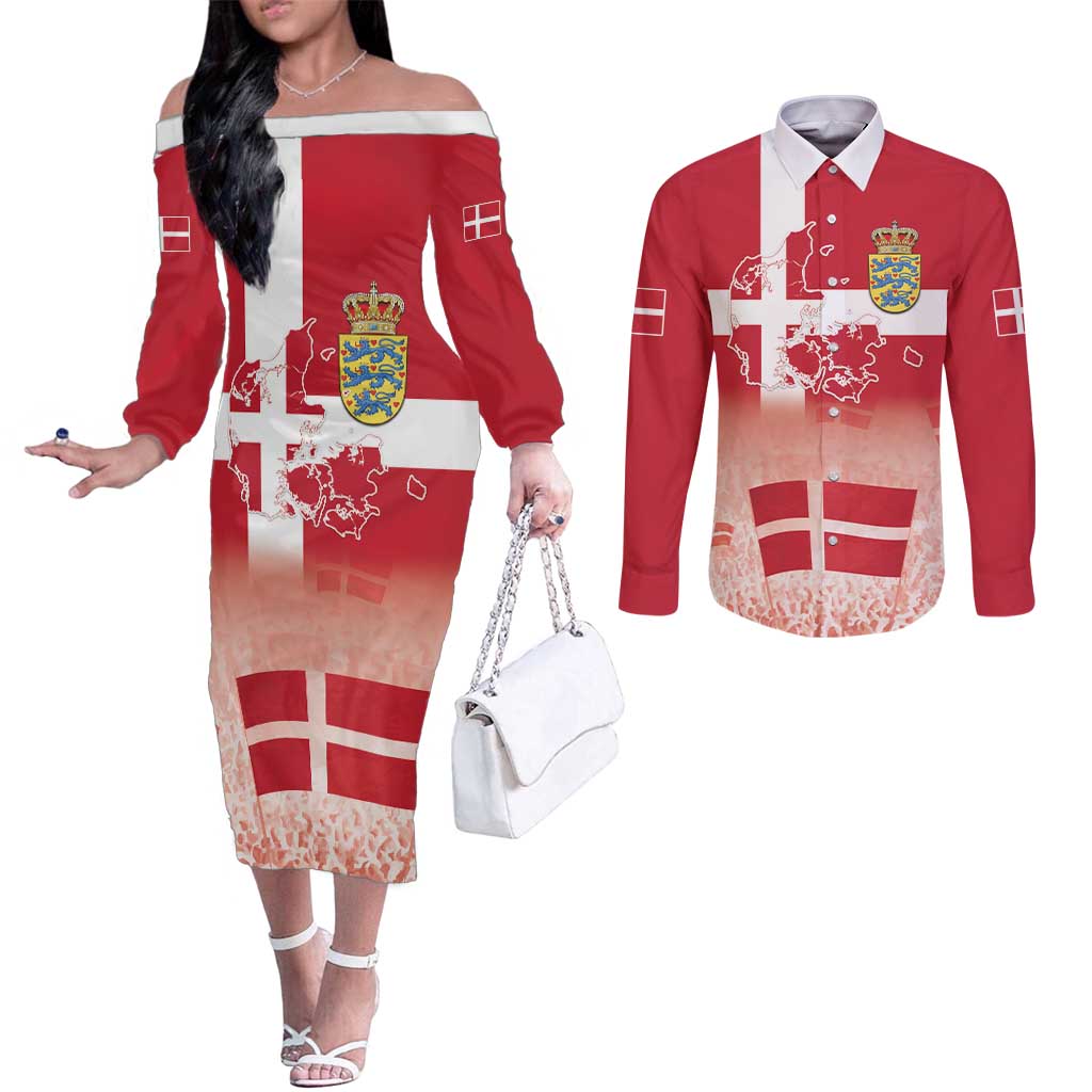 Danish National Flag Day Couples Matching Off The Shoulder Long Sleeve Dress and Long Sleeve Button Shirt Coat Of Arms With Map