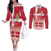 Danish National Flag Day Couples Matching Off The Shoulder Long Sleeve Dress and Long Sleeve Button Shirt Coat Of Arms With Map