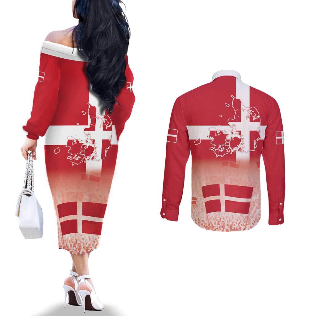 Danish National Flag Day Couples Matching Off The Shoulder Long Sleeve Dress and Long Sleeve Button Shirt Coat Of Arms With Map