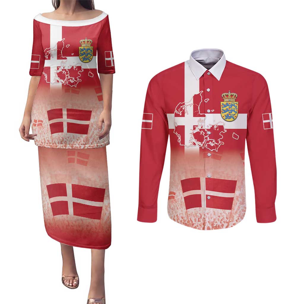 Danish National Flag Day Couples Matching Puletasi and Long Sleeve Button Shirt Coat Of Arms With Map