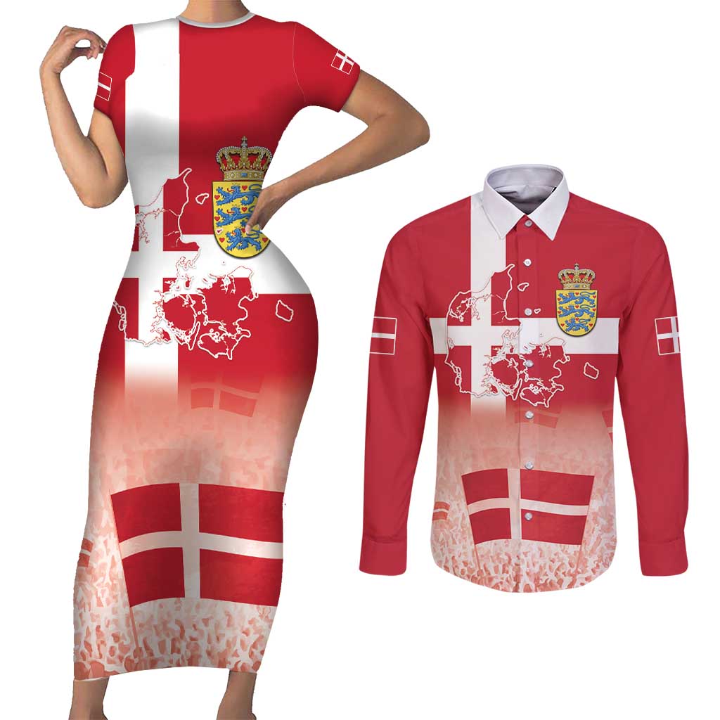 Danish National Flag Day Couples Matching Short Sleeve Bodycon Dress and Long Sleeve Button Shirt Coat Of Arms With Map
