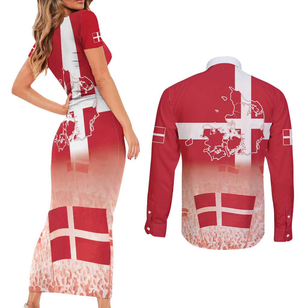 Danish National Flag Day Couples Matching Short Sleeve Bodycon Dress and Long Sleeve Button Shirt Coat Of Arms With Map