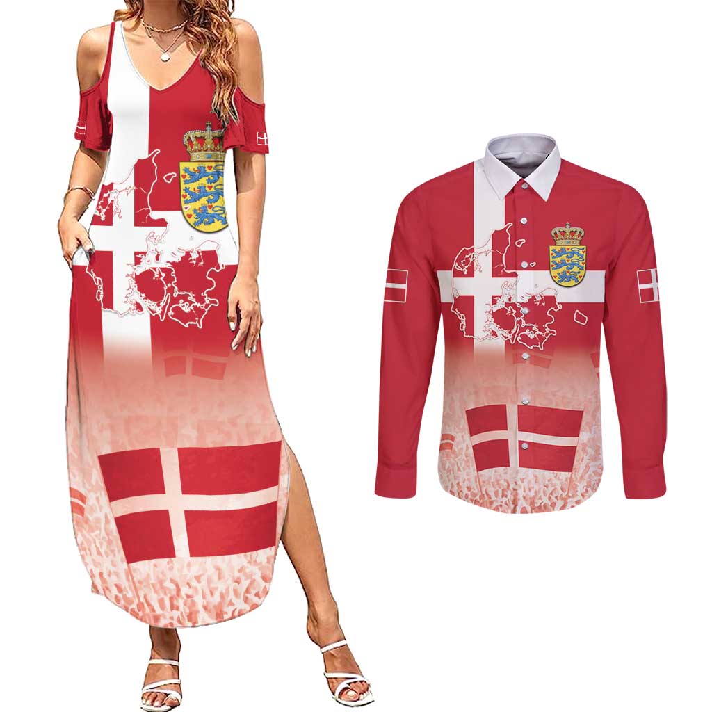 Danish National Flag Day Couples Matching Summer Maxi Dress and Long Sleeve Button Shirt Coat Of Arms With Map