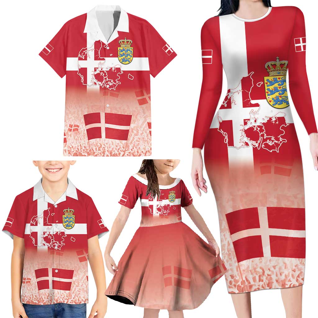 Danish National Flag Day Family Matching Long Sleeve Bodycon Dress and Hawaiian Shirt Coat Of Arms With Map
