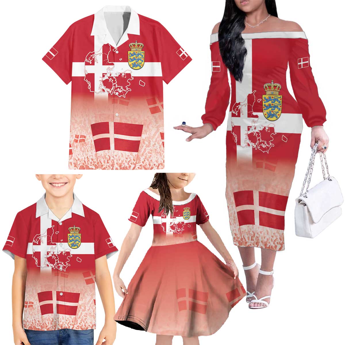 Danish National Flag Day Family Matching Off The Shoulder Long Sleeve Dress and Hawaiian Shirt Coat Of Arms With Map