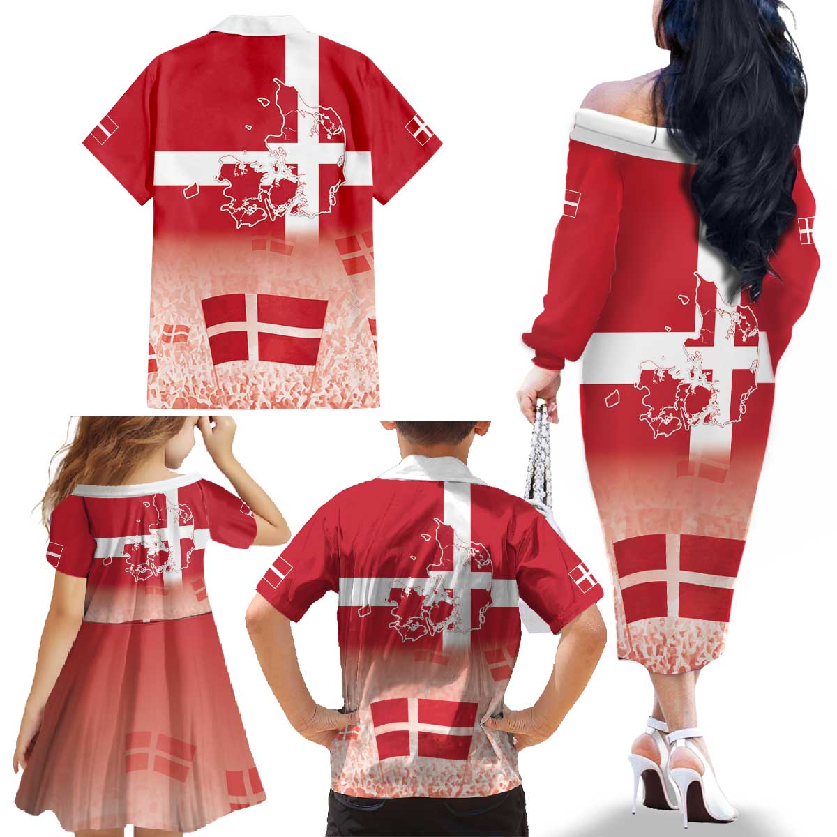 Danish National Flag Day Family Matching Off The Shoulder Long Sleeve Dress and Hawaiian Shirt Coat Of Arms With Map