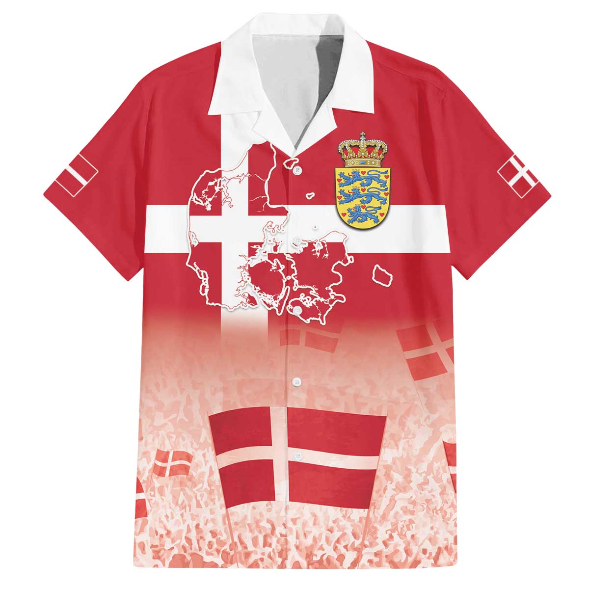 Danish National Flag Day Family Matching Off The Shoulder Long Sleeve Dress and Hawaiian Shirt Coat Of Arms With Map