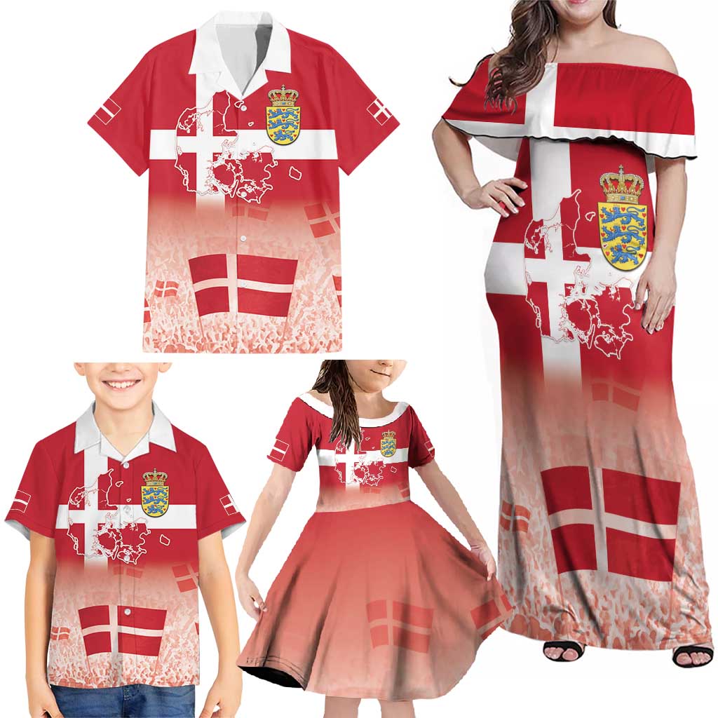 Danish National Flag Day Family Matching Off Shoulder Maxi Dress and Hawaiian Shirt Coat Of Arms With Map