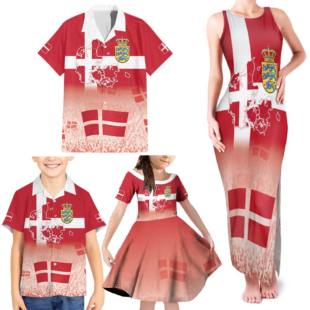 Danish National Flag Day Family Matching Tank Maxi Dress and Hawaiian Shirt Coat Of Arms With Map