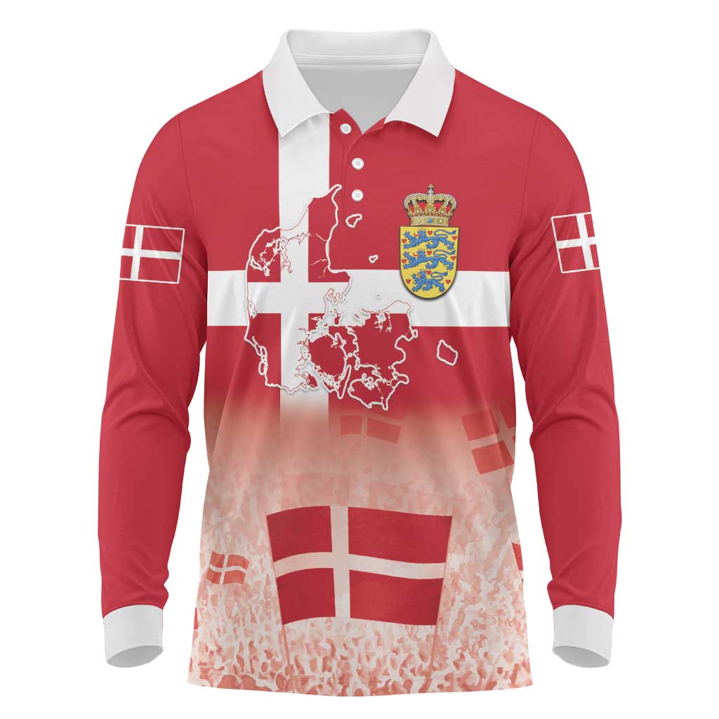 Danish National Flag Day Long Sleeve Polo Shirt Coat Of Arms With Map