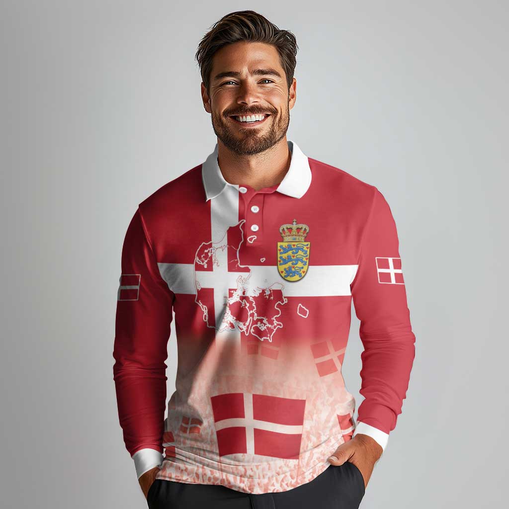 Danish National Flag Day Long Sleeve Polo Shirt Coat Of Arms With Map