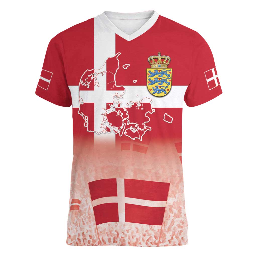 Danish National Flag Day Women V-Neck T-Shirt Coat Of Arms With Map