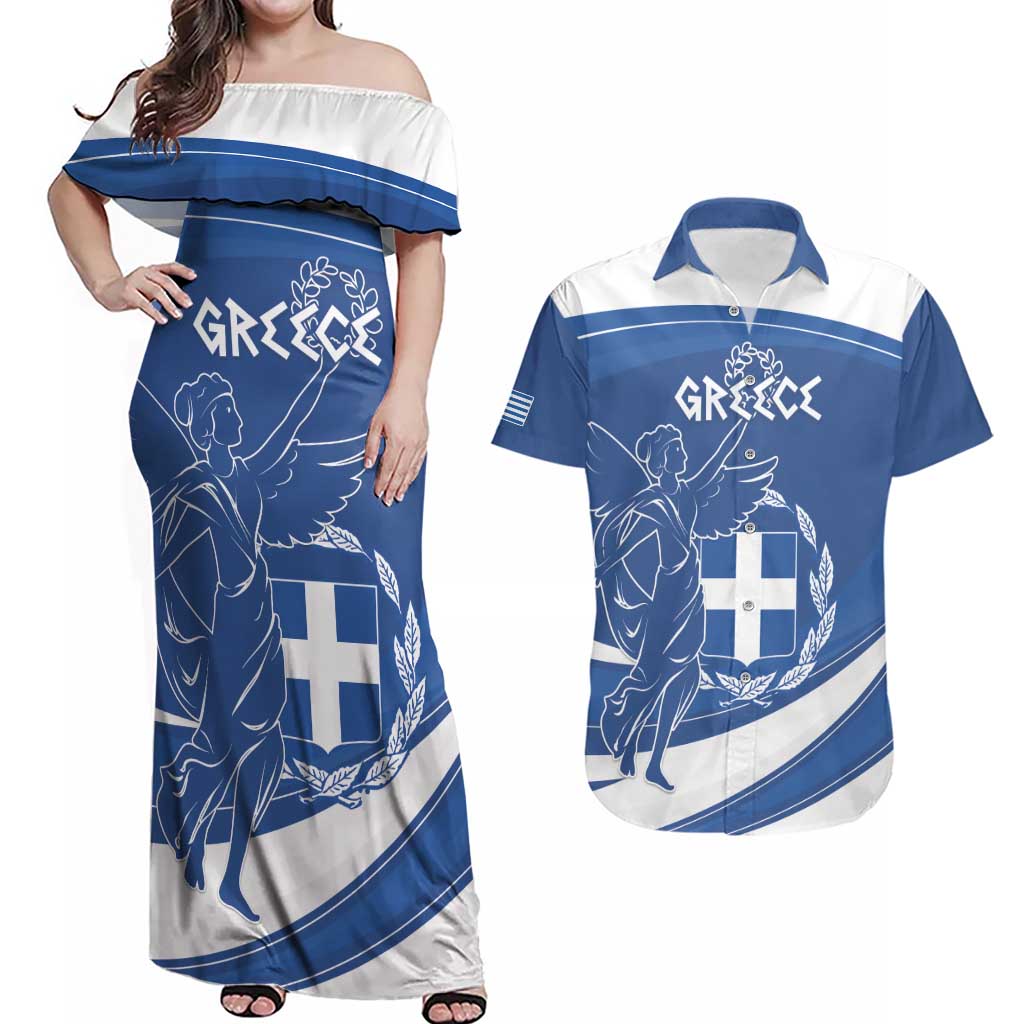 Personalized National Greek Flag Day Couples Matching Off Shoulder Maxi Dress and Hawaiian Shirt Elliniki Dimokratia
