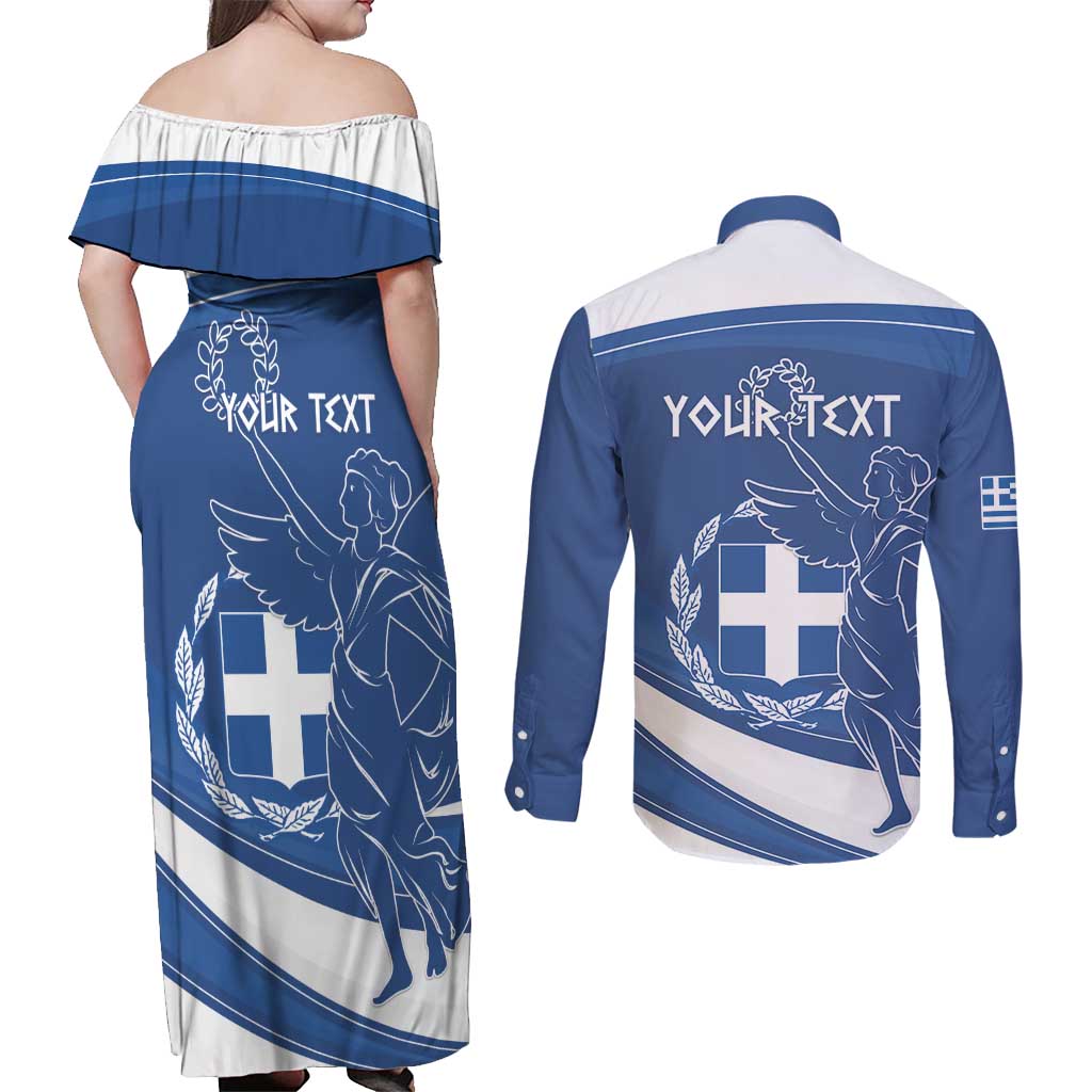 Personalized National Greek Flag Day Couples Matching Off Shoulder Maxi Dress and Long Sleeve Button Shirt Elliniki Dimokratia