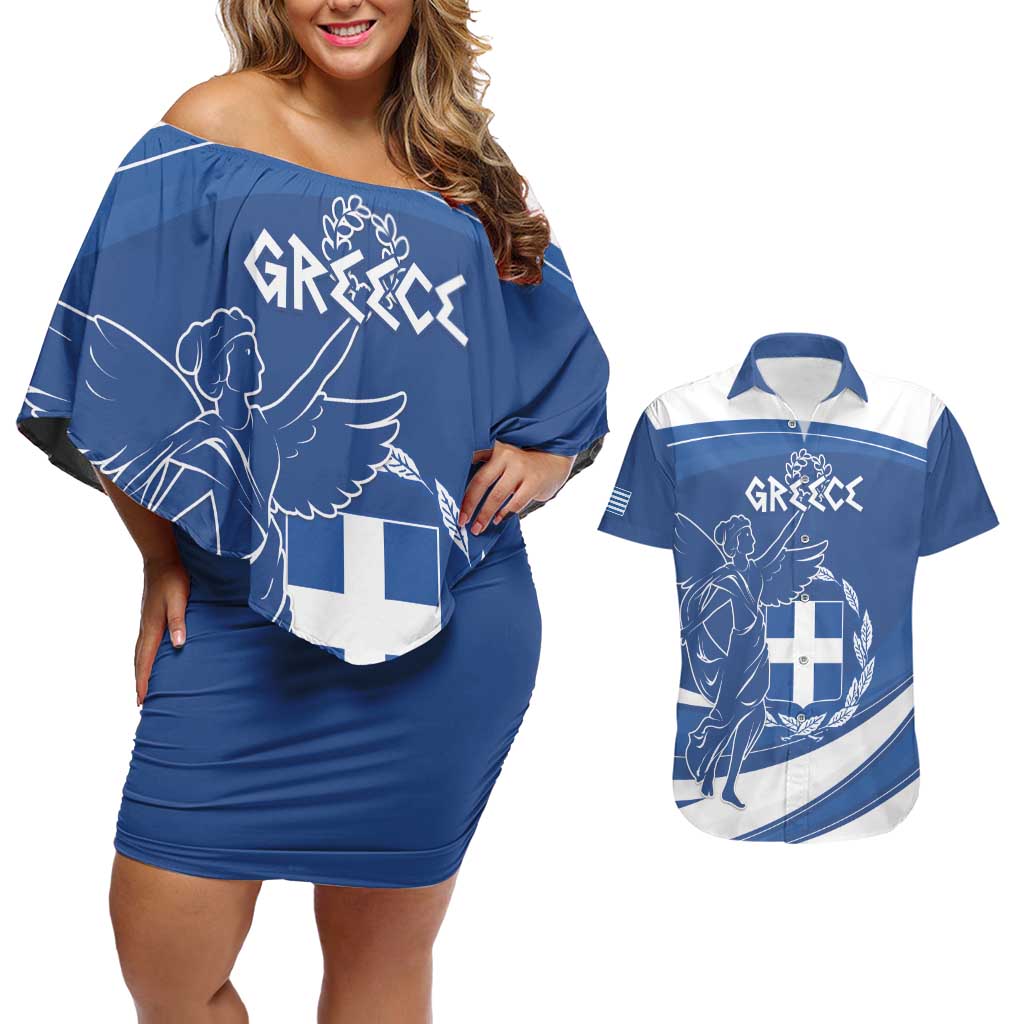 Personalized National Greek Flag Day Couples Matching Off Shoulder Short Dress and Hawaiian Shirt Elliniki Dimokratia