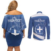 Personalized National Greek Flag Day Couples Matching Off Shoulder Short Dress and Long Sleeve Button Shirt Elliniki Dimokratia