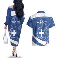 Personalized National Greek Flag Day Couples Matching Off The Shoulder Long Sleeve Dress and Hawaiian Shirt Elliniki Dimokratia