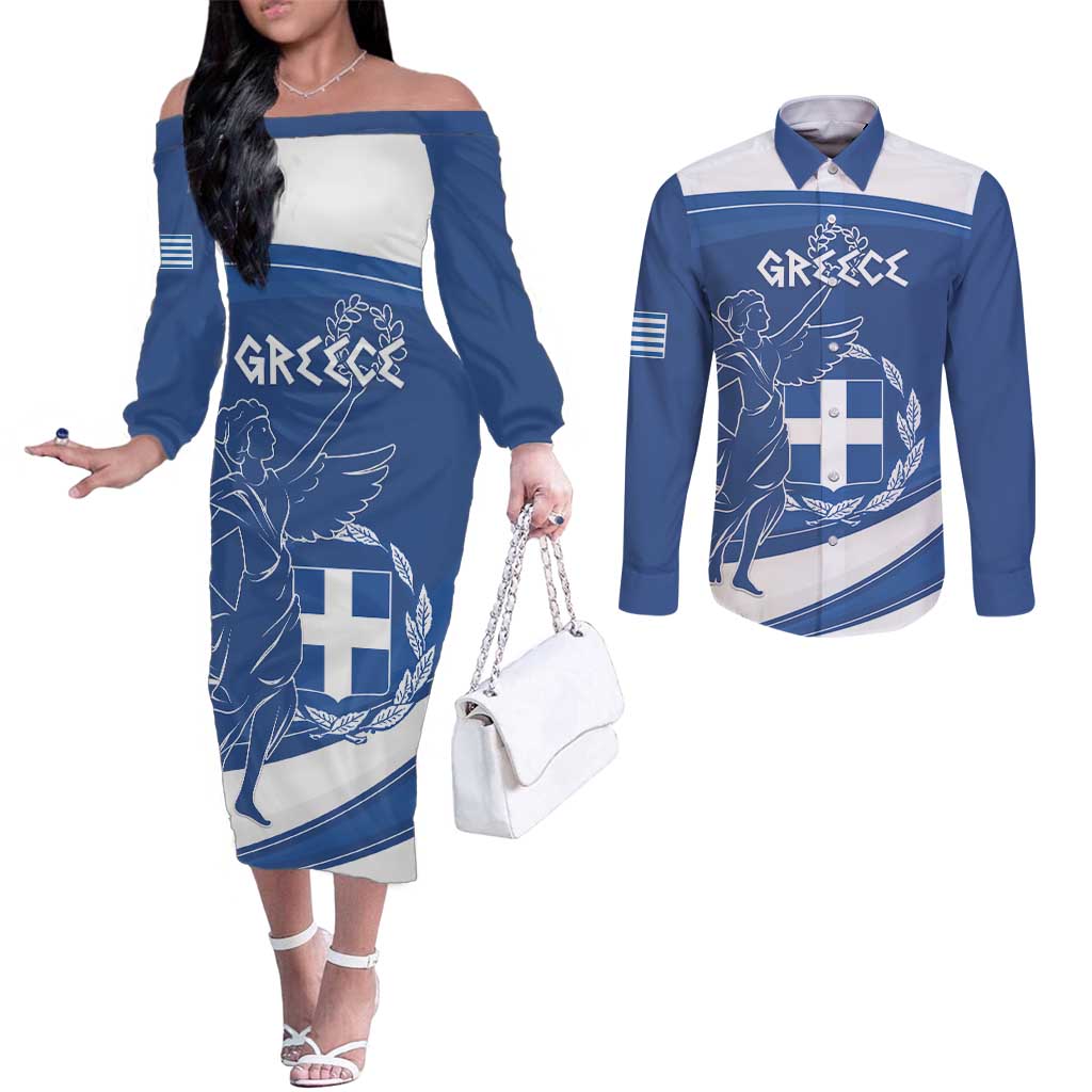 Personalized National Greek Flag Day Couples Matching Off The Shoulder Long Sleeve Dress and Long Sleeve Button Shirt Elliniki Dimokratia