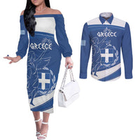 Personalized National Greek Flag Day Couples Matching Off The Shoulder Long Sleeve Dress and Long Sleeve Button Shirt Elliniki Dimokratia