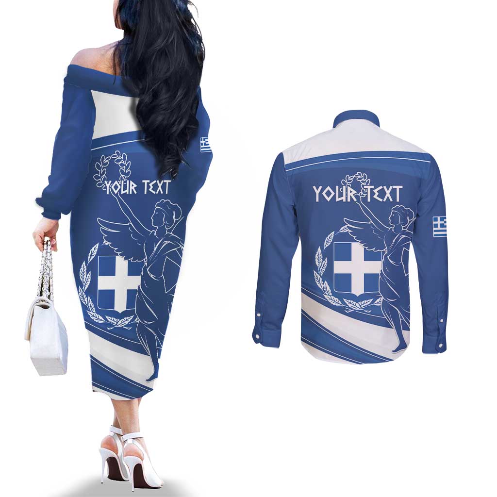 Personalized National Greek Flag Day Couples Matching Off The Shoulder Long Sleeve Dress and Long Sleeve Button Shirt Elliniki Dimokratia