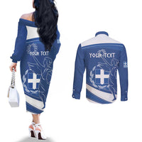 Personalized National Greek Flag Day Couples Matching Off The Shoulder Long Sleeve Dress and Long Sleeve Button Shirt Elliniki Dimokratia