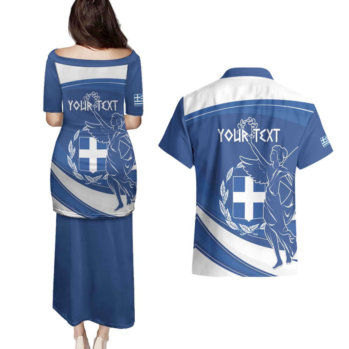 Personalized National Greek Flag Day Couples Matching Puletasi and Hawaiian Shirt Elliniki Dimokratia