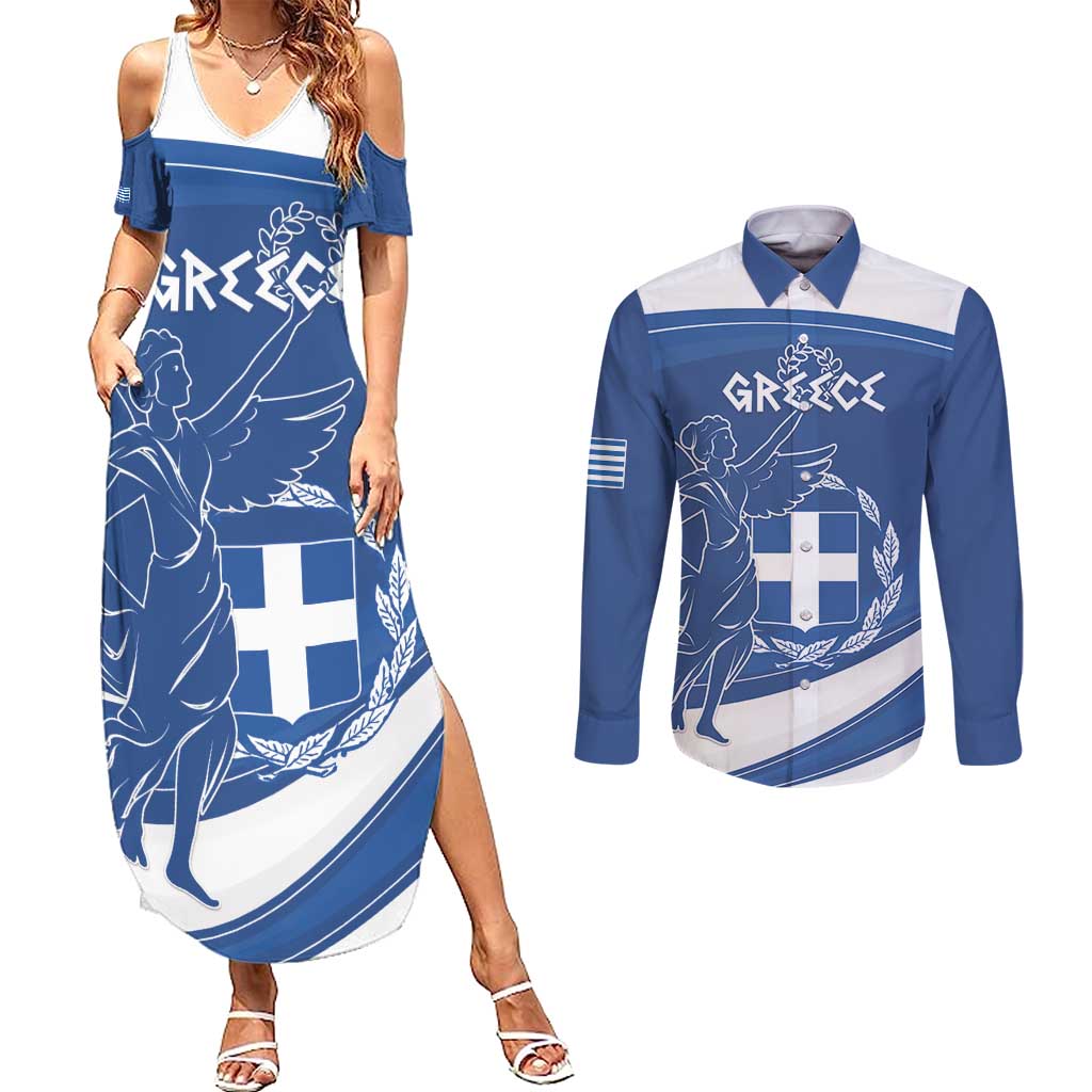 Personalized National Greek Flag Day Couples Matching Summer Maxi Dress and Long Sleeve Button Shirt Elliniki Dimokratia