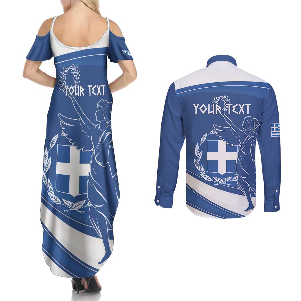 Personalized National Greek Flag Day Couples Matching Summer Maxi Dress and Long Sleeve Button Shirt Elliniki Dimokratia