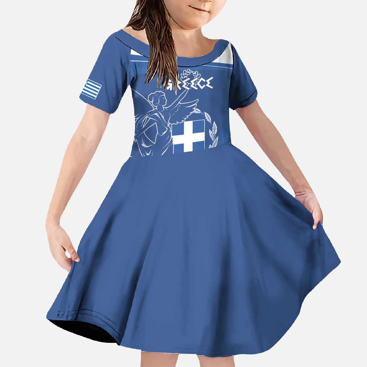 Personalized National Greek Flag Day Family Matching Off The Shoulder Long Sleeve Dress and Hawaiian Shirt Elliniki Dimokratia