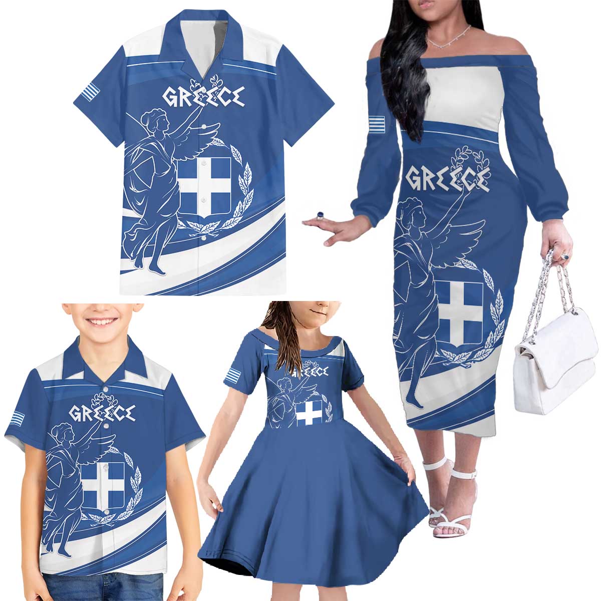 Personalized National Greek Flag Day Family Matching Off The Shoulder Long Sleeve Dress and Hawaiian Shirt Elliniki Dimokratia