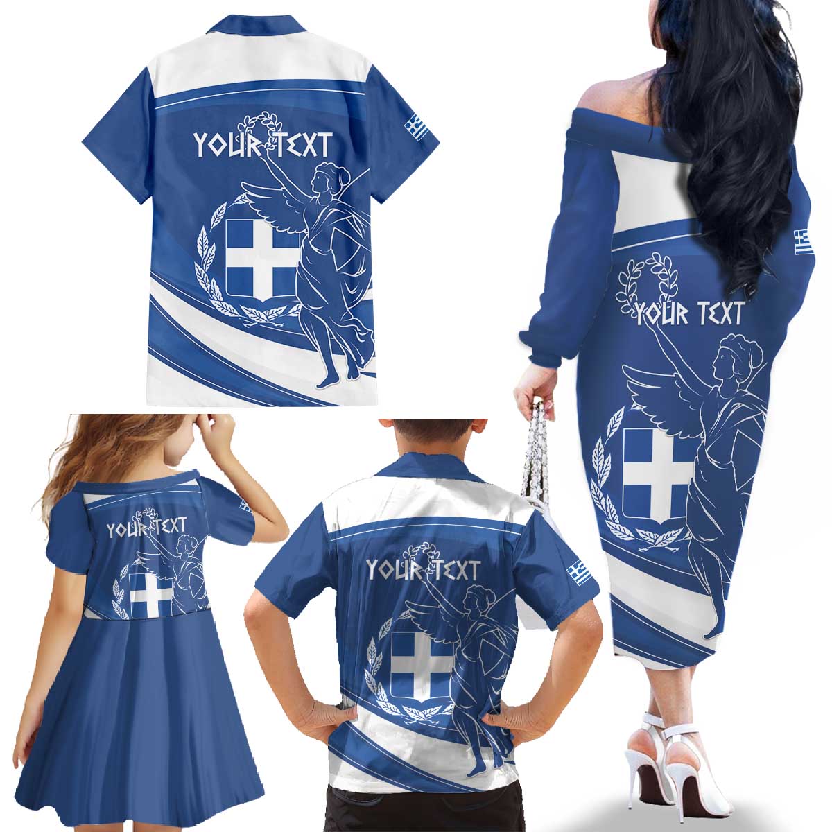 Personalized National Greek Flag Day Family Matching Off The Shoulder Long Sleeve Dress and Hawaiian Shirt Elliniki Dimokratia