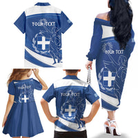 Personalized National Greek Flag Day Family Matching Off The Shoulder Long Sleeve Dress and Hawaiian Shirt Elliniki Dimokratia