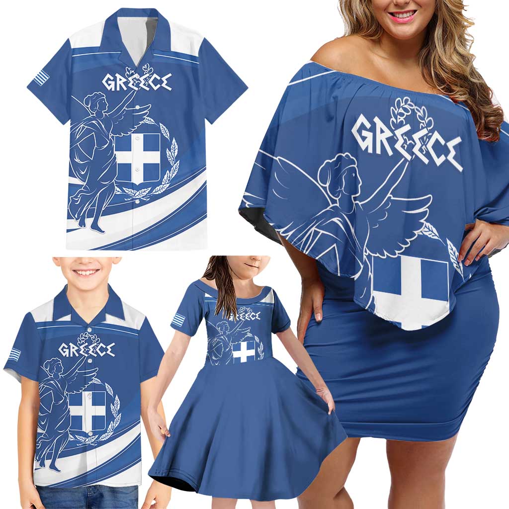 Personalized National Greek Flag Day Family Matching Off Shoulder Short Dress and Hawaiian Shirt Elliniki Dimokratia