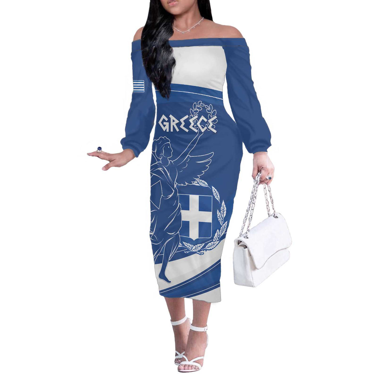 Personalized National Greek Flag Day Off The Shoulder Long Sleeve Dress Elliniki Dimokratia