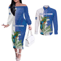 Personalized El Salvador Turquoise Browed Motmot Couples Matching Off The Shoulder Long Sleeve Dress and Long Sleeve Button Shirt With Yucca Flowers