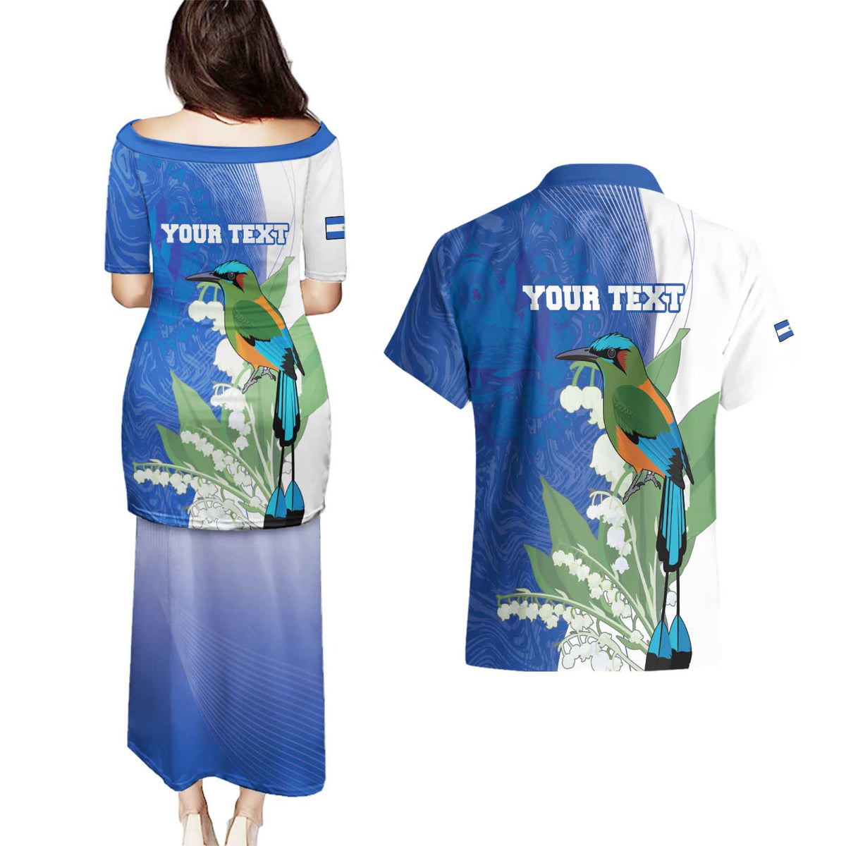 Personalized El Salvador Turquoise Browed Motmot Couples Matching Puletasi and Hawaiian Shirt With Yucca Flowers - Wonder Print Shop