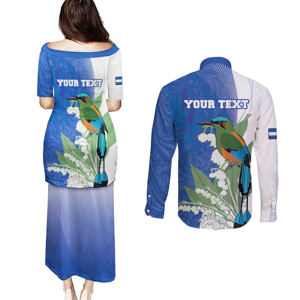 Personalized El Salvador Turquoise Browed Motmot Couples Matching Puletasi and Long Sleeve Button Shirt With Yucca Flowers - Wonder Print Shop