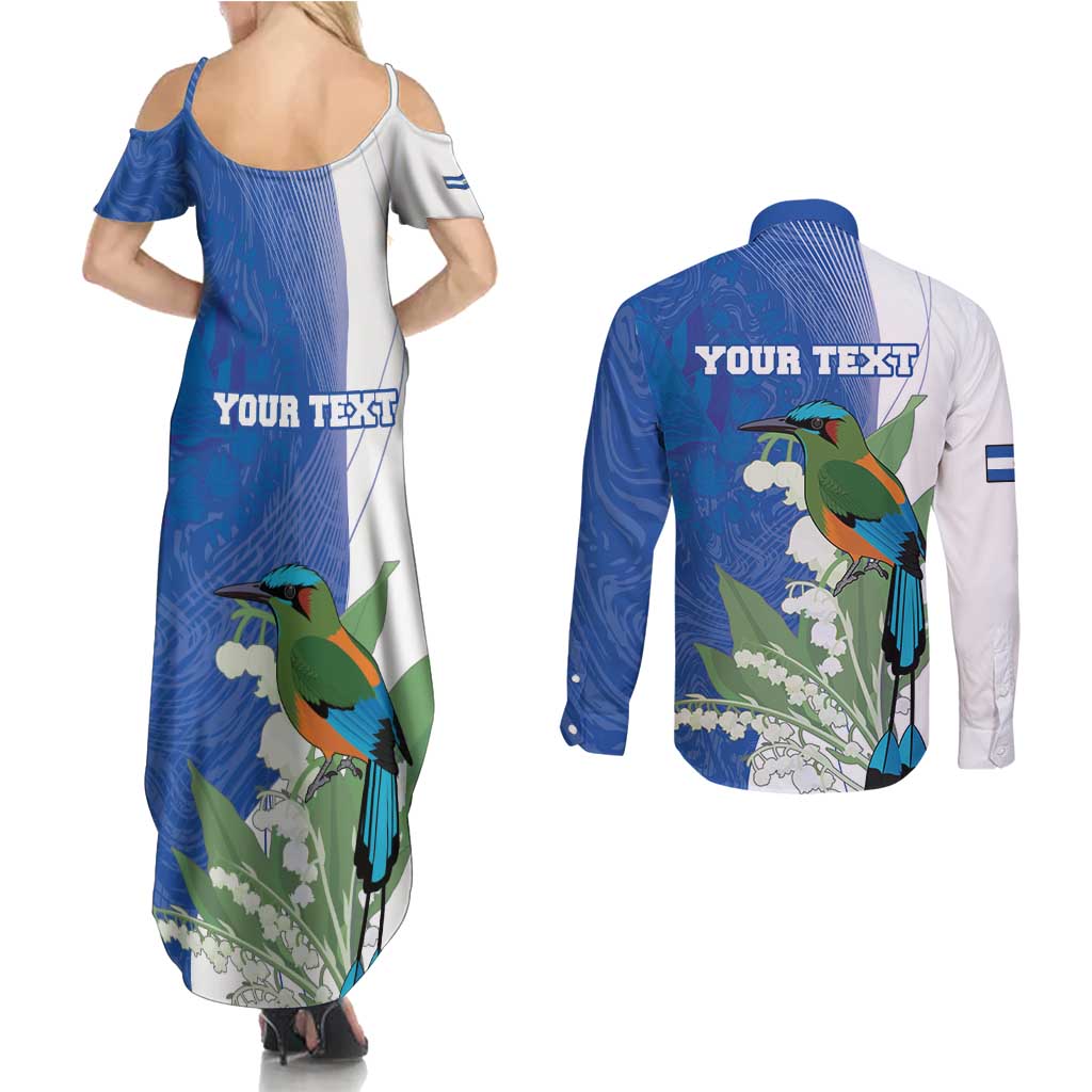Personalized El Salvador Turquoise Browed Motmot Couples Matching Summer Maxi Dress and Long Sleeve Button Shirt With Yucca Flowers - Wonder Print Shop