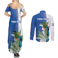 Personalized El Salvador Turquoise Browed Motmot Couples Matching Summer Maxi Dress and Long Sleeve Button Shirt With Yucca Flowers - Wonder Print Shop